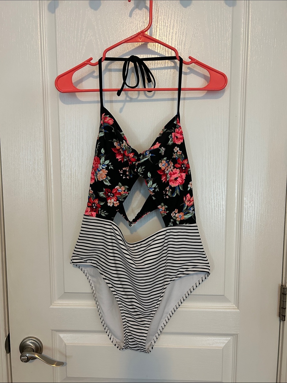 Abercrombie & Fitch Black Floral and White Striped One-Piece Swimsuit